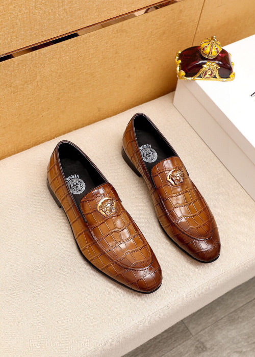 Versace Brown Leather Loafers with Alligator Print and Medusa Detail 1 Versace Brown Leather Loafers with Alligator Print and Medusa Detail