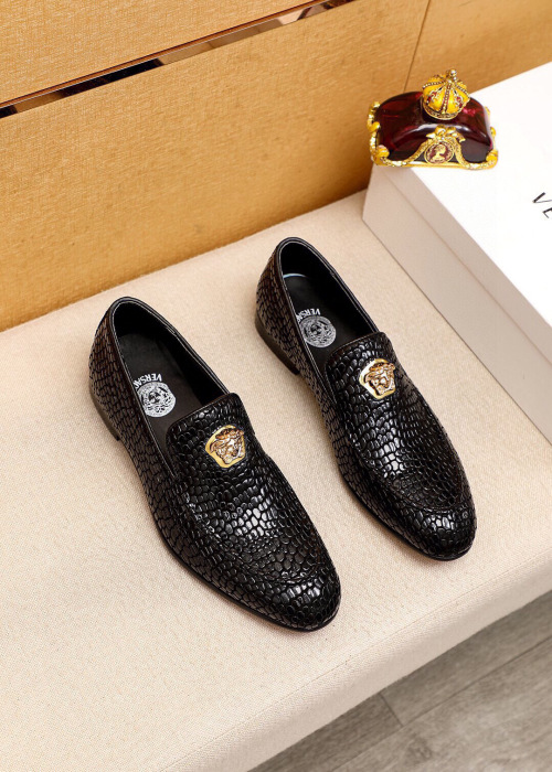 Versace Men's Black Leather Loafers with Embossed Texture and Medusa Detail 1 Versace Men's Black Leather Loafers with Embossed Texture and Medusa Detail
