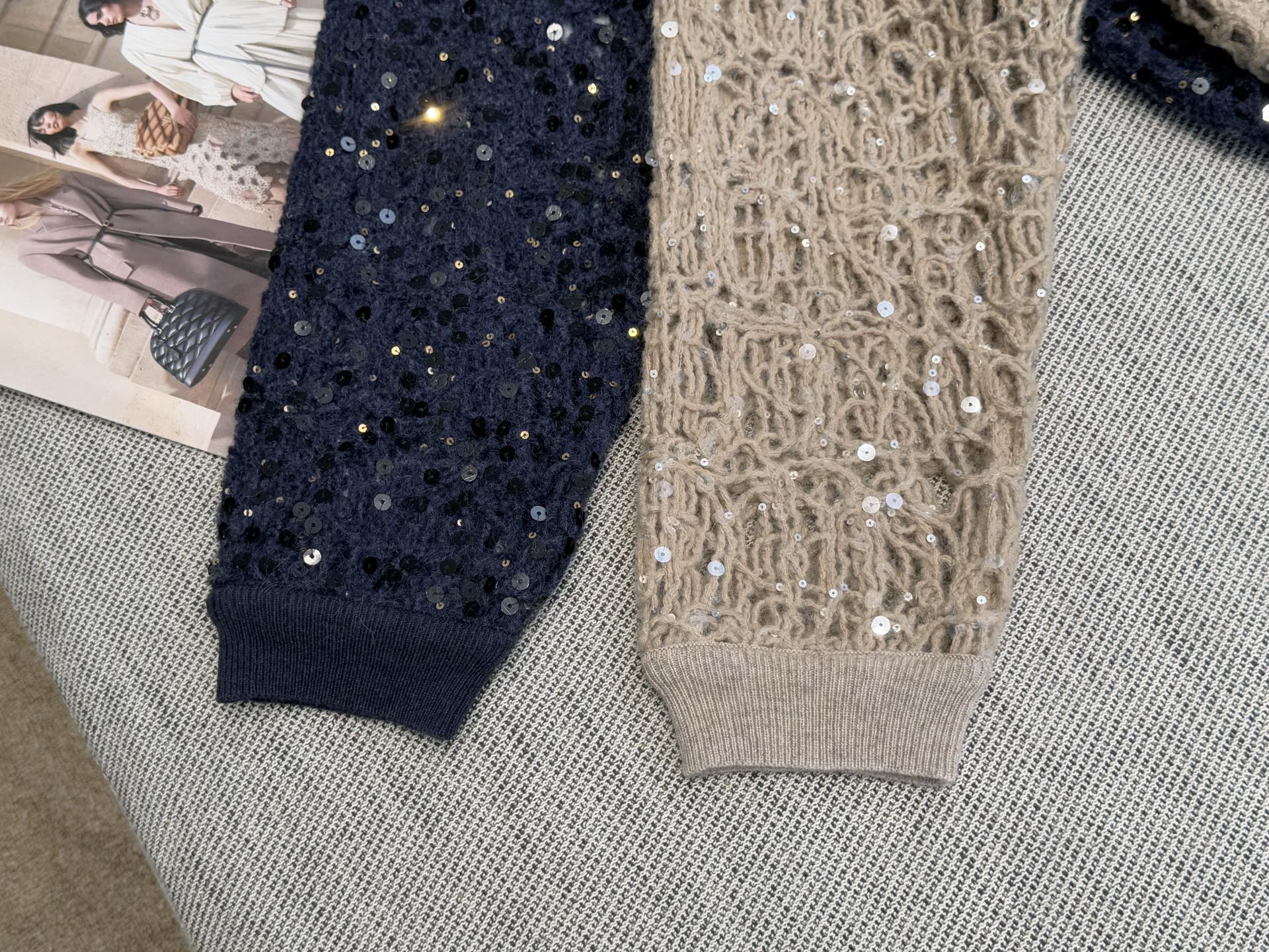 BC｜亮片镂空圆领长袖🟢43%羊毛，33%腈纶，12%马海毛，12%羊绒圆领套头裁剪，通体刺绣珠片钩花，