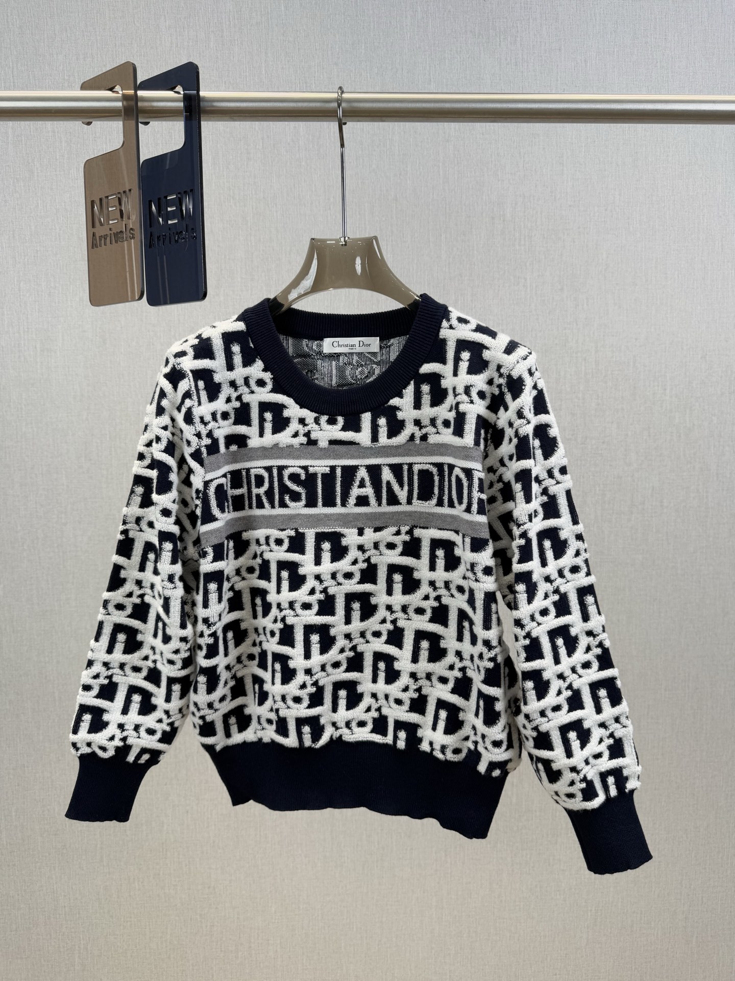 CD｜植绒提花长袖💛100%羊毛整件立体植绒字母logo提花，经典凸起的Oblique 印花图案，胸前搭