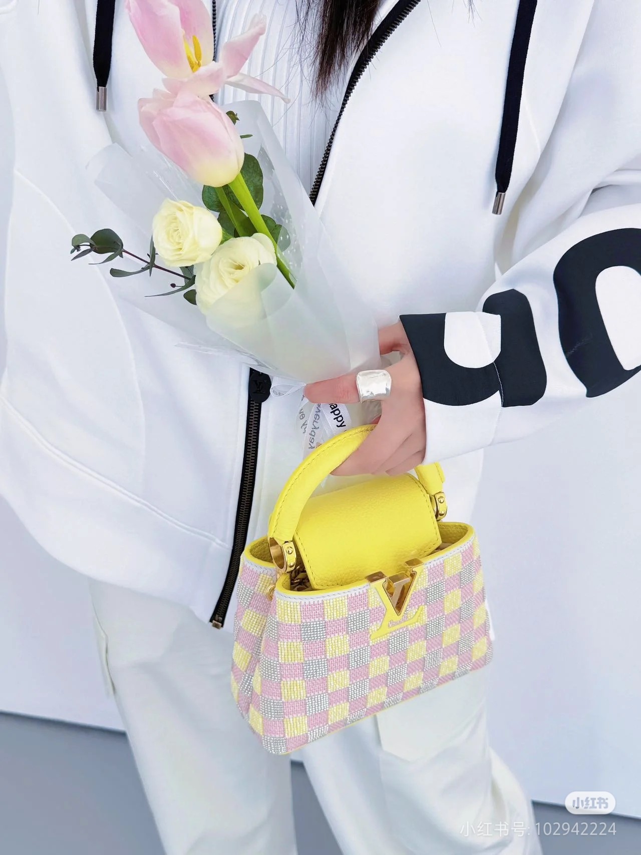 Louis Vuitton Capucines Pastel pink yellow checkered with yellow handle mini top everyday