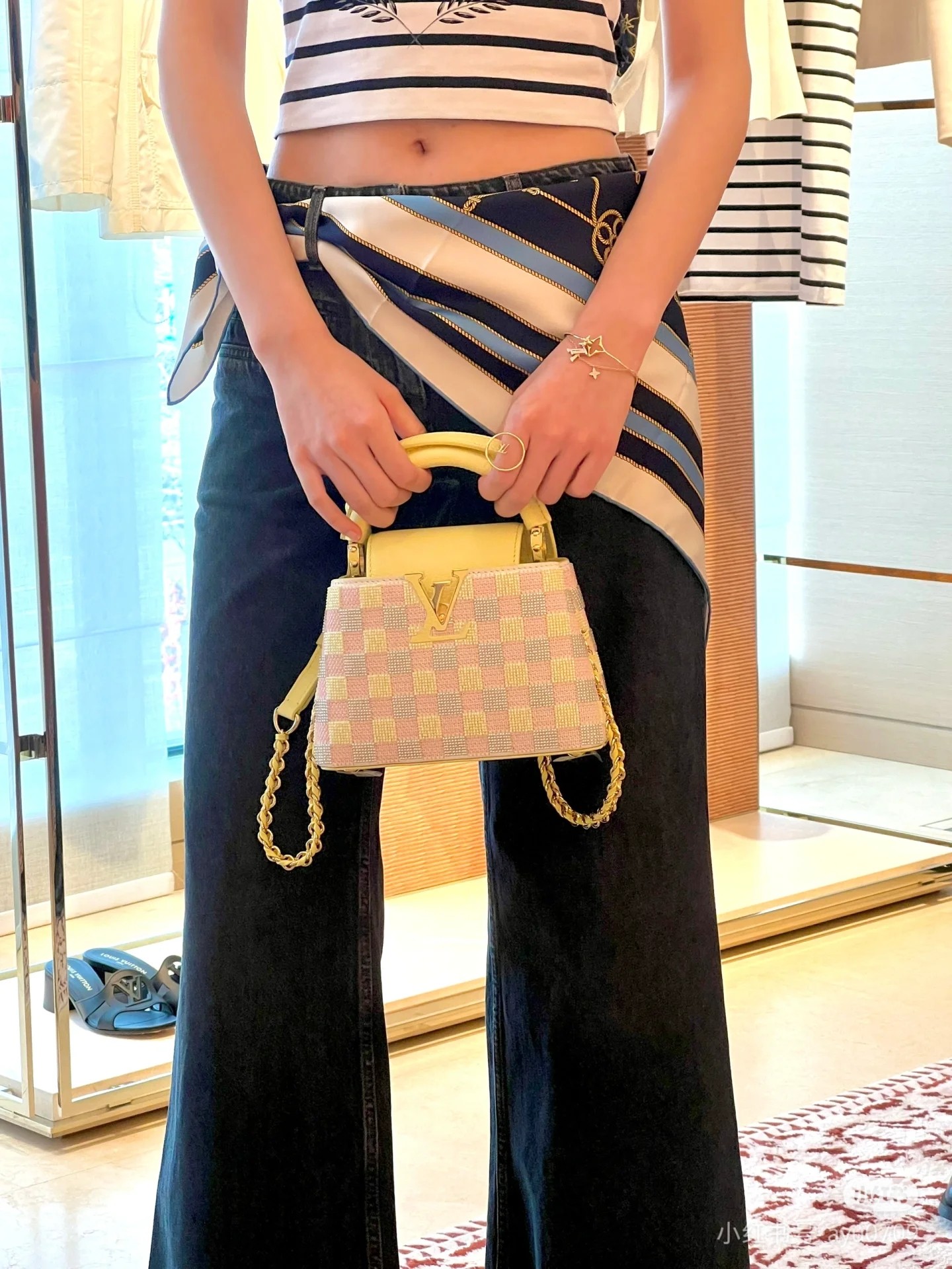 Louis Vuitton Capucines Pastel pink yellow checkered with yellow handle mini top everyday