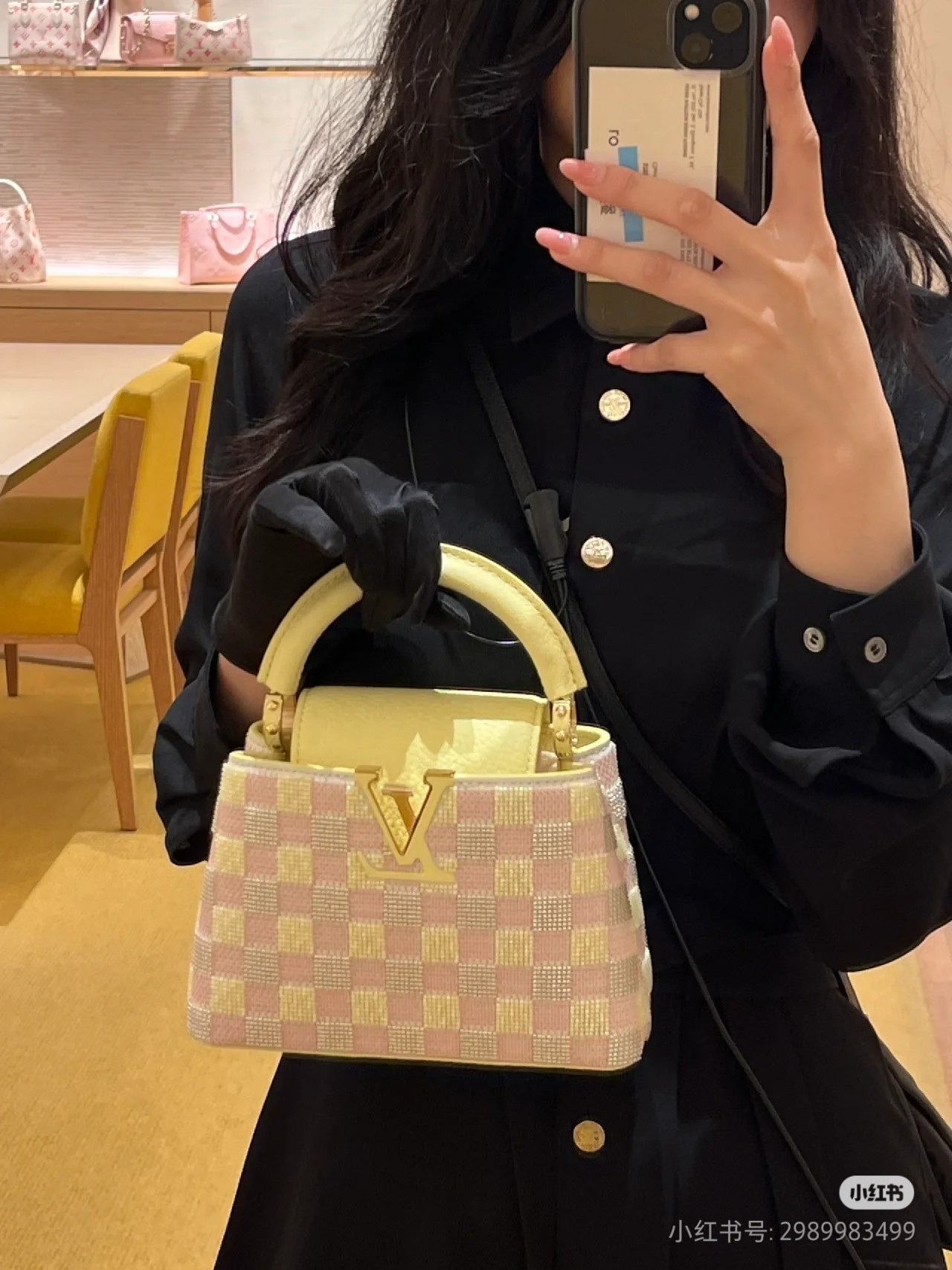 Louis Vuitton Capucines Pastel pink yellow checkered with yellow handle mini top everyday