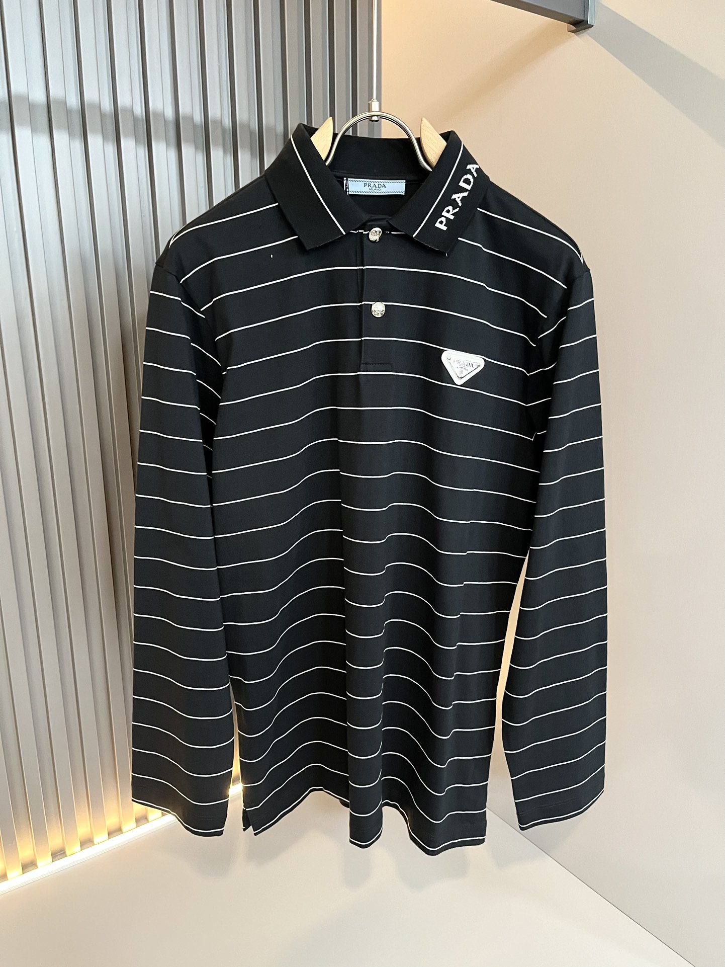 Prada Clothing Polo Black White Cotton Fall Collection Fashion Long Sleeve