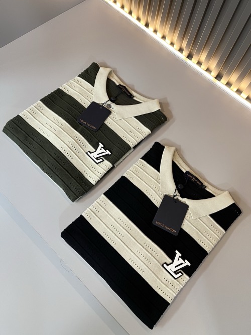 Louis Vuitton Striped Knit Polo Shirt, Short Sleeve, Embroidered Logo Design 1 Louis Vuitton Striped Knit Polo Shirt, Short Sleeve, Embroidered Logo Design