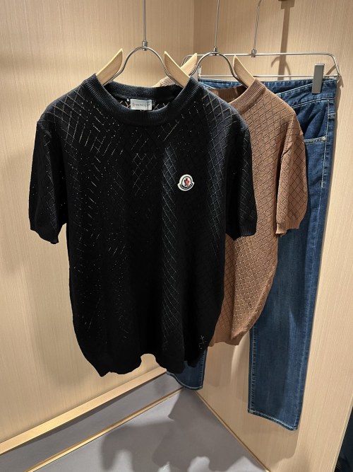 Moncler Men's Knitted Short Sleeve T-Shirt with Logo Patch 1 Moncler Men's Knitted Short Sleeve T-Shirt with Logo Patch