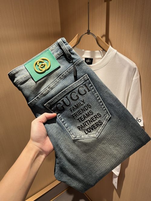 Gucci Men's Slim-Fit Denim Jeans With Logo Patch and Pocket Detail 1 Gucci Men's Slim-Fit Denim Jeans With Logo Patch and Pocket Detail