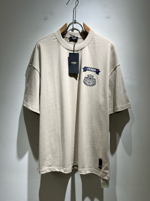 Fendi Men's Beige Cotton T-Shirt with Logo Embroidery, Casual Style 1 Fendi Men's Beige Cotton T-Shirt with Logo Embroidery, Casual Style