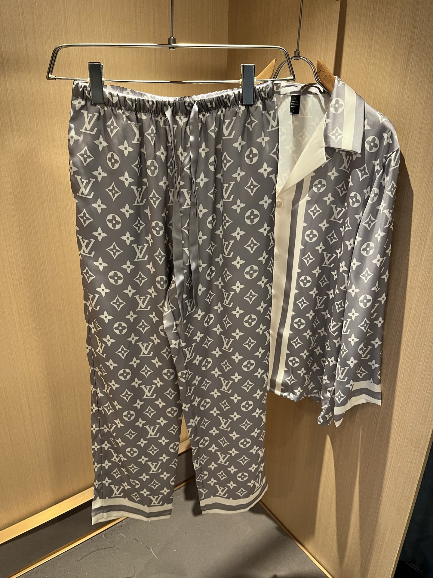 Louis Vuitton Monogram Silk Pajama Set, Unisex Luxury Loungewear, Gray