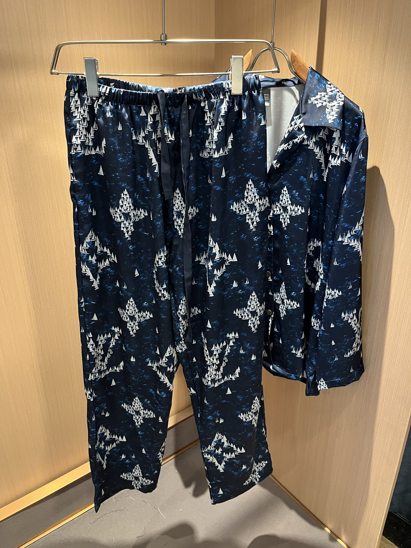 Louis Vuitton Spring Pajama Set, Silk Sleepwear with Iconic Monogram Pattern