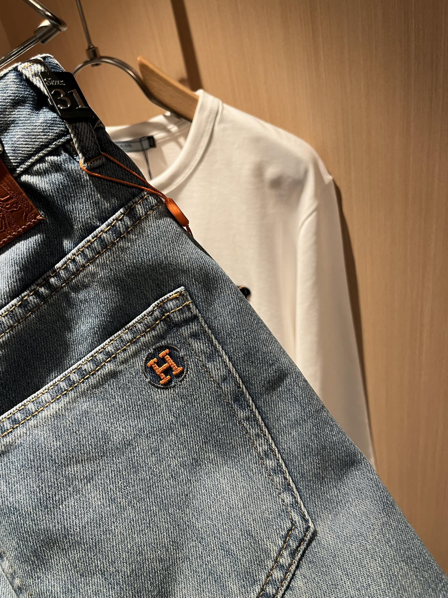 HERM*S 爱*仕 2025秋冬男士高端丹宁水洗小直筒牛仔裤 海外贸易公司渠道订单 ！男士修身直筒牛仔