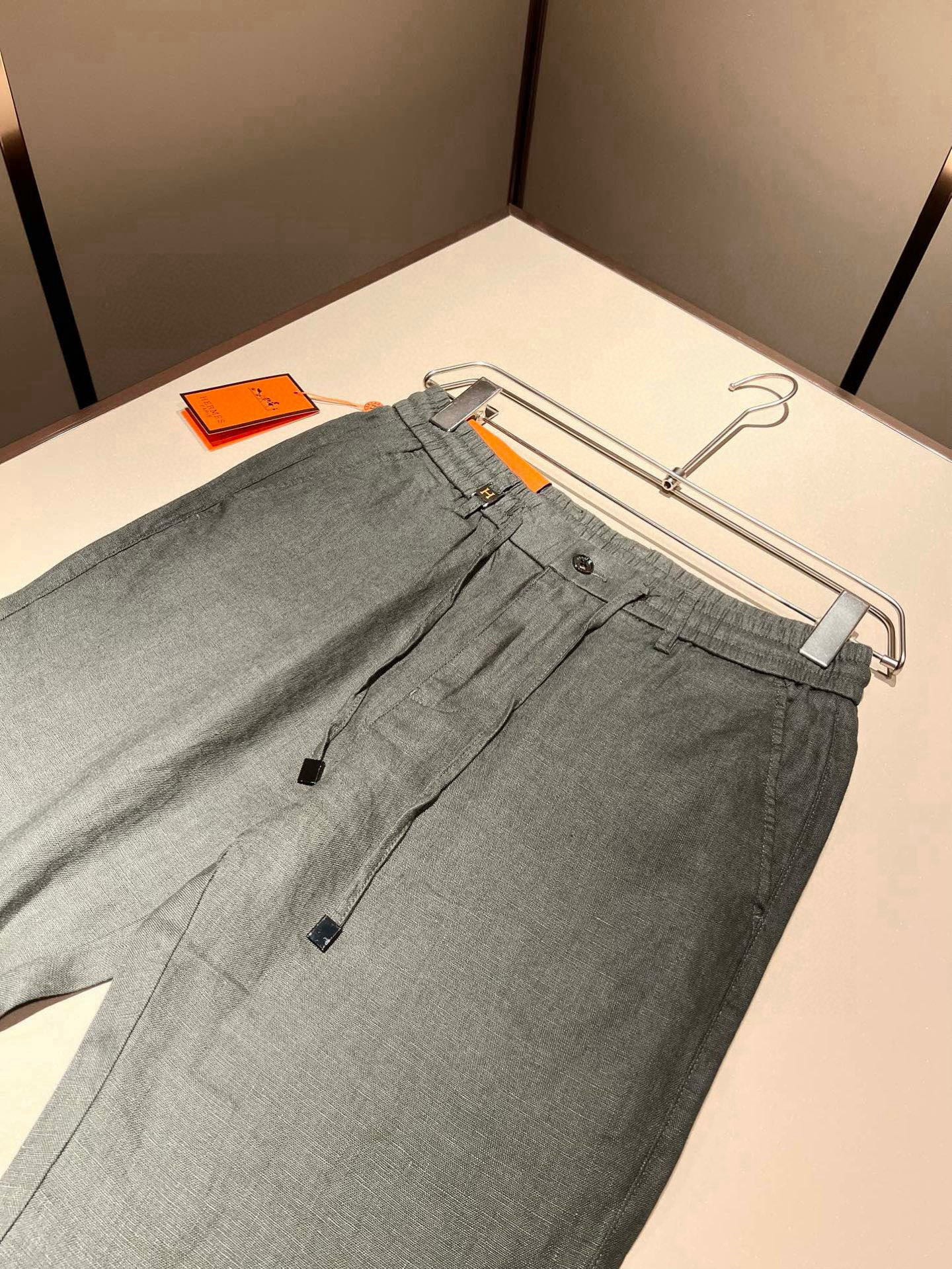 HERM*S 爱*仕 2026春夏男士高端纯亚麻休闲裤 海外贸易公司渠道订单 ！男士休闲修身直筒休闲裤！