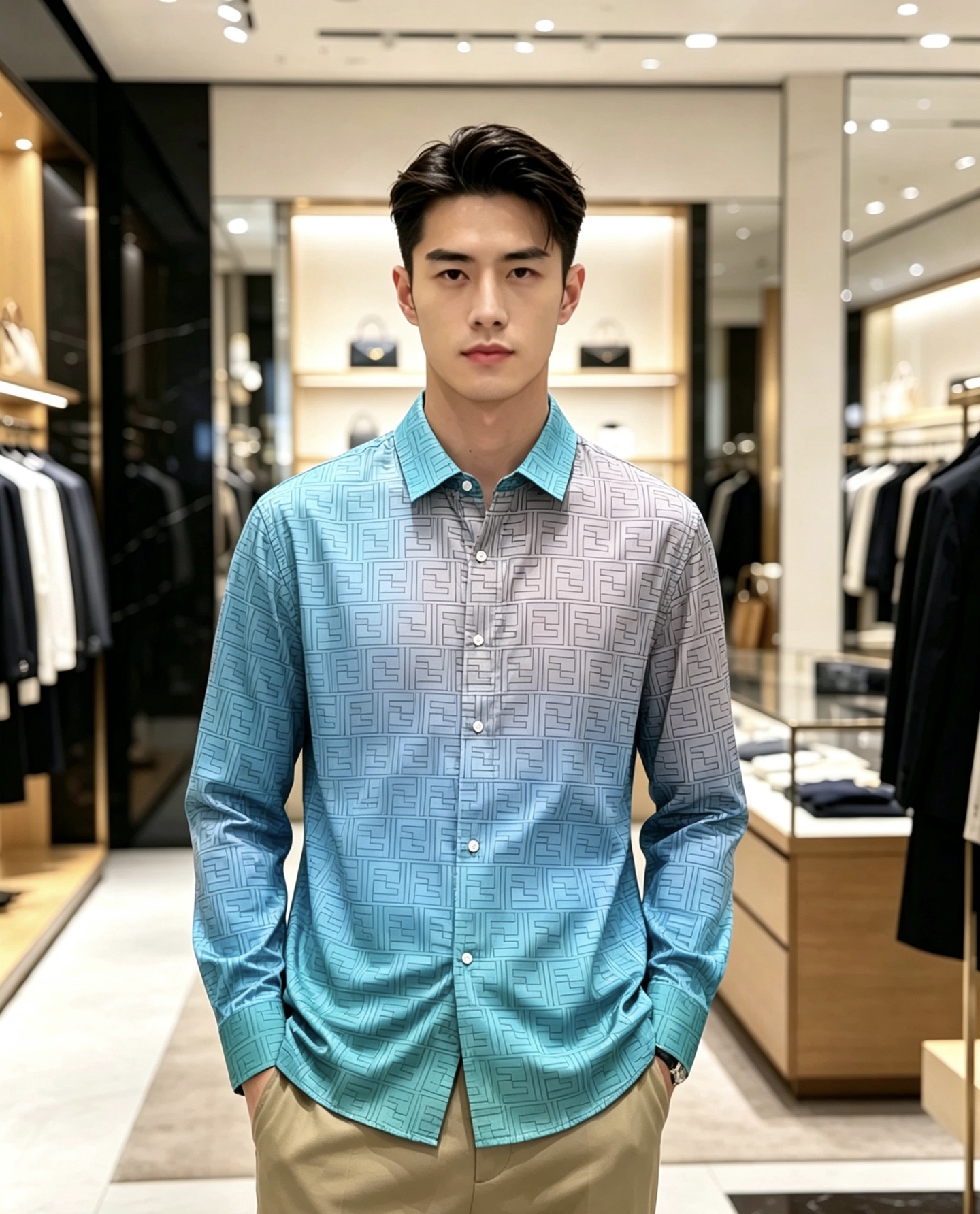 NO:915060,FEN*DI Fendi 2026 spring and summer new men's long-sleeved shirts, a trendy and light luxury new product, original replica product, high-end quality, the highest version on the market, Milan fashion designer style, sneak peek, exclusive ready sale; panoramic letter logo pattern printing and decoration!  Original seamless stretch spandex fabric supplied to customers!  Same style for men and women!  The upper body effect is great, comfortable and close to the body, showing off your temperament!  Size M-4xL,,fendi,fendi,19860909FEN*DI芬迪 2026春夏新款男士长袖衬衣,潮流轻奢新品登场 原单复刻产物 高端品质 市场最高版本 米兰时装设计师款 先睹为快,独家现货发售；全景字母logo图案印花修饰！客供原版无痕弹力氨纶面料！男女同款！上身效果超赞,舒适贴身彰显气质！码数M-4xL,,fendi,fendi,,Men's clothing