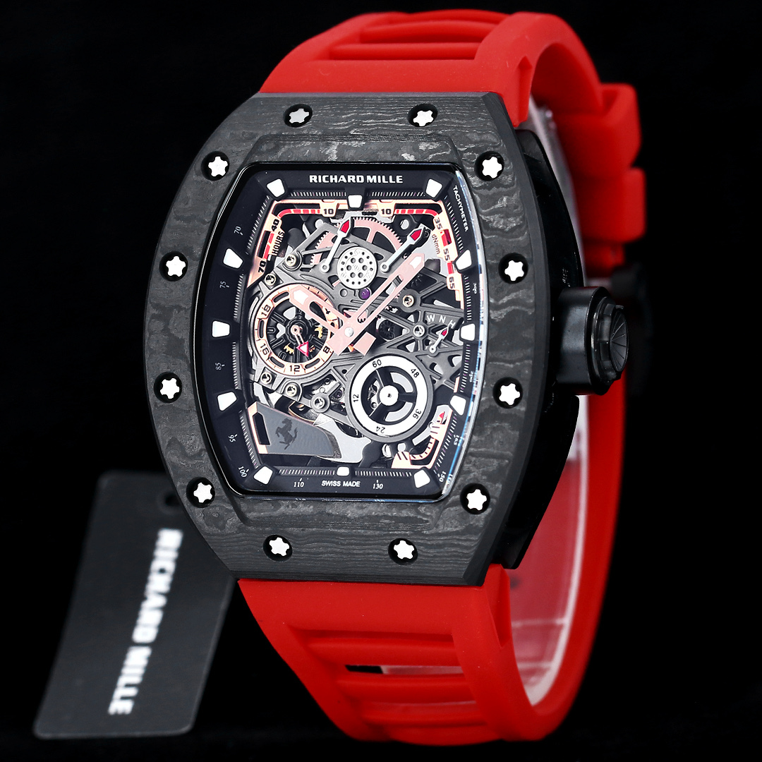 RICHARD MILLE 🎮JR4 理查德 米勒 RM43-01 理查米尔与意大利🇮🇹传奇超跑制造商Ferrari法拉利🐎F1赛车世界一级方程式顶级赛事联名腕表.五级钛合金款经微喷砂并抛光,🎮 轻盈且坚固的薄层复合材料超强夜光碳纤维壳,表盘融合法拉利经典元素,结合创新技术精密工程和尖端设计,机芯搭载V8发动机的离合轮全自动上链.直径43mm‌厚度12mm‌ 男士机械腕表