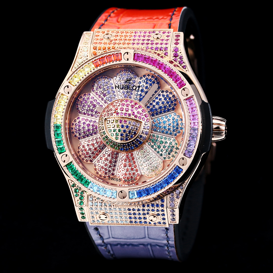 NO:858374,Produced in Taiwan Colored Glossy Case Diamond Case Taiwan Factory HUBLOT Hublot JR4 Sunflower Sunflower Classic Fusion Series Murakami Takashi Watch 507.CX..RX.TAK21 Limited Collection of 200 Pieces Case Satin and Polished Black Diameter: 45mm, Thickness 13.45mm Waterproof Depth 50m Case Back Black Lacquered Dial Rotating Decoration 12 Black-plated Petals  Movement MHUB1214 UNICO set with 456 black diamonds  Complication automatic winding movement, anthracite ruthenium metal plywood and bridges, anthracite coated balance wheel, tungsten metal balance wheel, surface modification with micro-bead blasting and satin finishing, escapement silicone lever, escapement mechanism, number of components 256, number of gems 30, vibration frequency 4 Hz (28,800 times per hour) buckle black lined rubber strap, black-plated stainless steel, folding clasp, luxury and exquisite recommended mechanical watch  For the best luxury gift recommendations, please look for Taiwan’s exclusive quality.19860909台湾 出品 彩色 光壳 钻壳  台湾 Factory HUBLOT 宇舶表恒宝 JR4 太阳花 向日葵经典融合系列村上隆腕表 507.CX..RX.TAK21 限量典藏200枚表壳缎面及抛光黑色直径: 45毫米,厚度13.45毫米防水深度50米表背黑色漆面表盘 旋转装饰 12片镀黑花瓣 镶嵌456颗黑色钻石机芯MHUB1214 UNICO 复杂功能自动上链机芯,烟灰色钌金属夹板和表桥,烟灰色涂层摆轮,钨金属摆轮,表面润饰微珠喷砂和缎面工艺,擒纵机构硅质杠杆式,擒纵机构,组件数量256,宝石数量30,振频4赫兹（每小时28,800次）表扣黑色带衬里橡胶表带,镀黑精钢,折叠式表扣,奢华精致推荐机械腕表 送礼最佳奢华推荐请认准台湾独家品质,,Watch