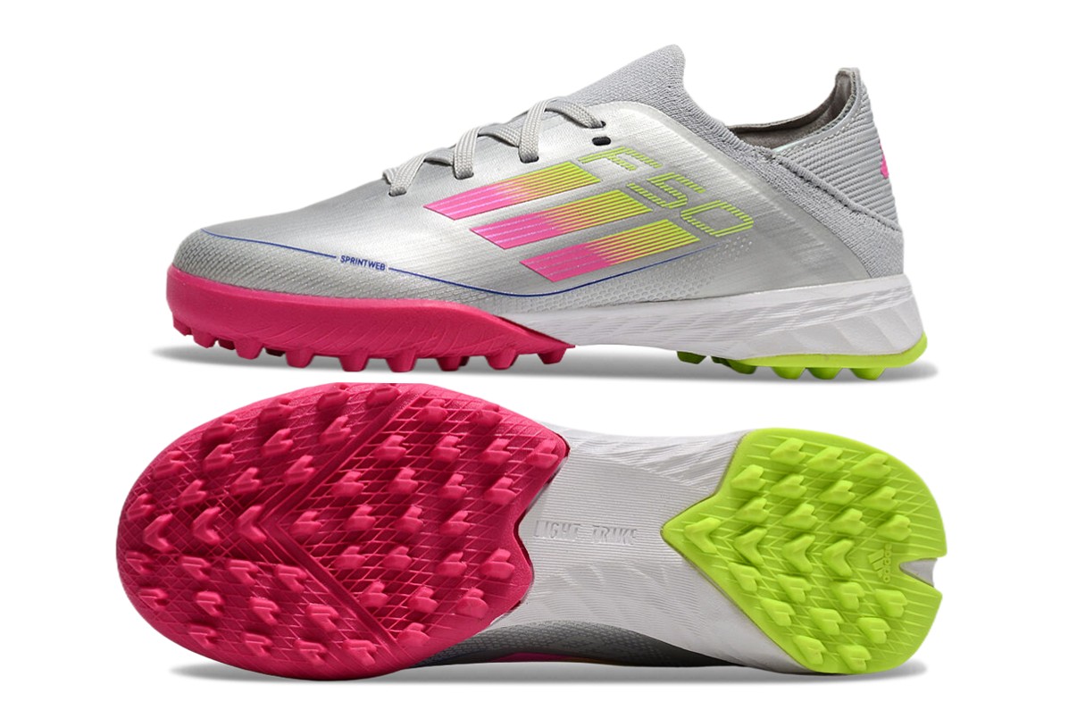 图片[5]-阿迪达斯的#50系列足球鞋，鞋面采用针织防水材质，能在比赛中有效阻挡水分进入，保持脚部干爽。鞋侧标志性的三道杠彰显品牌特色。 有FG底TF底鞋底设计注重抓地力，纹路多样且清晰，能适应不同场地状况，助力球员在球场上快速奔跑、灵活转向。颜色丰富，有白色、紫色、荧光绿、红色等，满足个性化需求。尺码涵盖30 – 35码，适合小尺码脚型的球员 。-选品中心