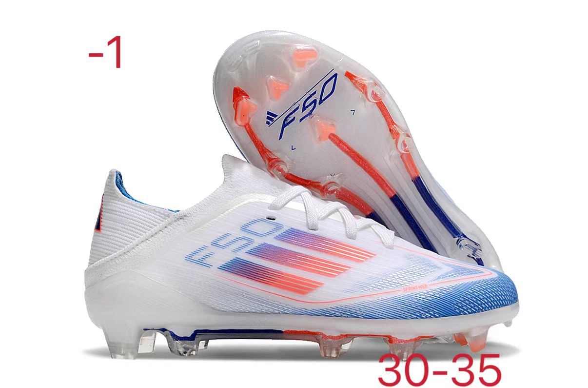 图片[2]-阿迪达斯的#50系列足球鞋，鞋面采用针织防水材质，能在比赛中有效阻挡水分进入，保持脚部干爽。鞋侧标志性的三道杠彰显品牌特色。 有FG底TF底鞋底设计注重抓地力，纹路多样且清晰，能适应不同场地状况，助力球员在球场上快速奔跑、灵活转向。颜色丰富，有白色、紫色、荧光绿、红色等，满足个性化需求。尺码涵盖30 – 35码，适合小尺码脚型的球员 。-选品中心