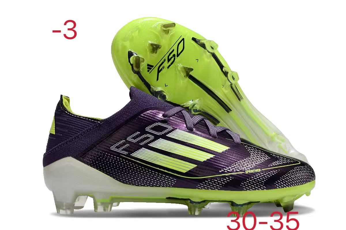 图片[8]-阿迪达斯的#50系列足球鞋，鞋面采用针织防水材质，能在比赛中有效阻挡水分进入，保持脚部干爽。鞋侧标志性的三道杠彰显品牌特色。 有FG底TF底鞋底设计注重抓地力，纹路多样且清晰，能适应不同场地状况，助力球员在球场上快速奔跑、灵活转向。颜色丰富，有白色、紫色、荧光绿、红色等，满足个性化需求。尺码涵盖30 – 35码，适合小尺码脚型的球员 。-选品中心
