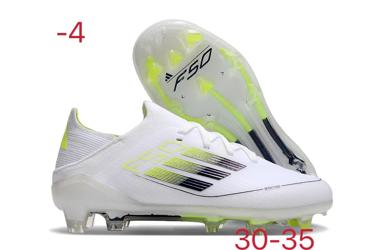 图片[2]-阿迪达斯的#50系列足球鞋，鞋面采用针织防水材质，能在比赛中有效阻挡水分进入，保持脚部干爽。鞋侧标志性的三道杠彰显品牌特色。 有FG底TF底鞋底设计注重抓地力，纹路多样且清晰，能适应不同场地状况，助力球员在球场上快速奔跑、灵活转向。颜色丰富，有白色、紫色、荧光绿、红色等，满足个性化需求。尺码涵盖30 – 35码，适合小尺码脚型的球员 。-选品中心