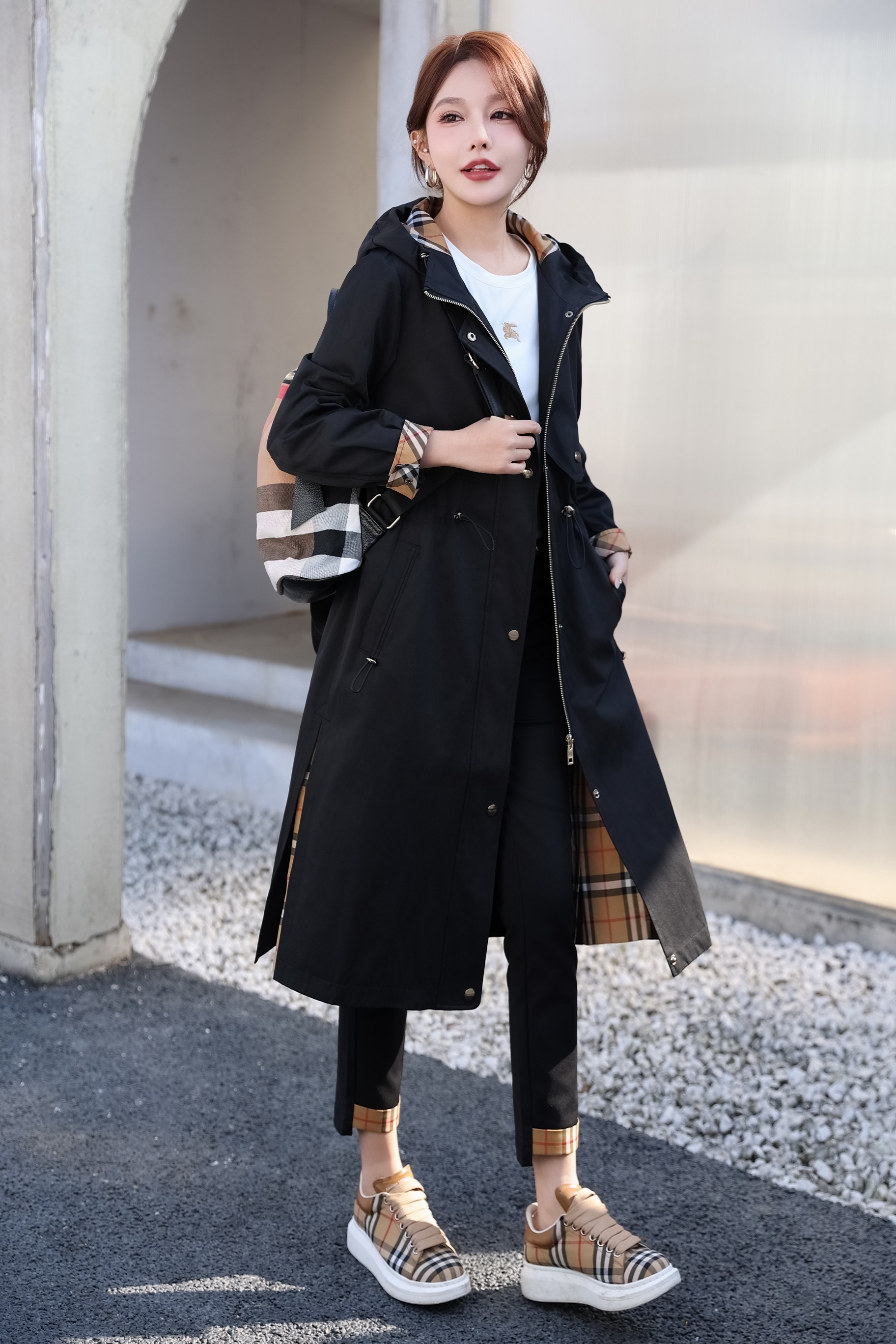 Women's Spring Trench Coat with Hooded, Long Sleeve Outerwear 3 a1740053853998 7344