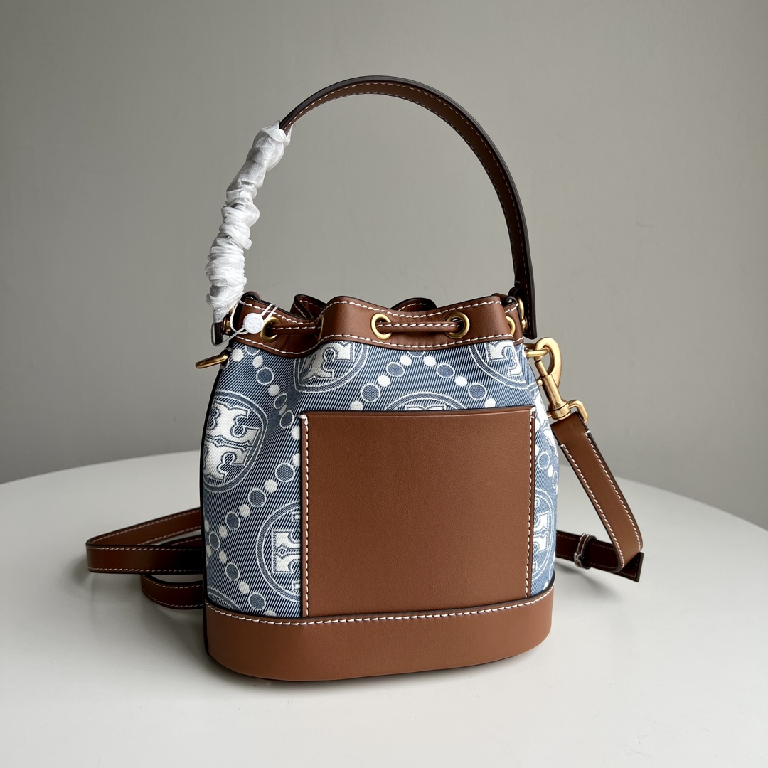 Tory Burch TB新款T Monogram水桶包 T Monogram 图案 搭配水洗牛仔提花