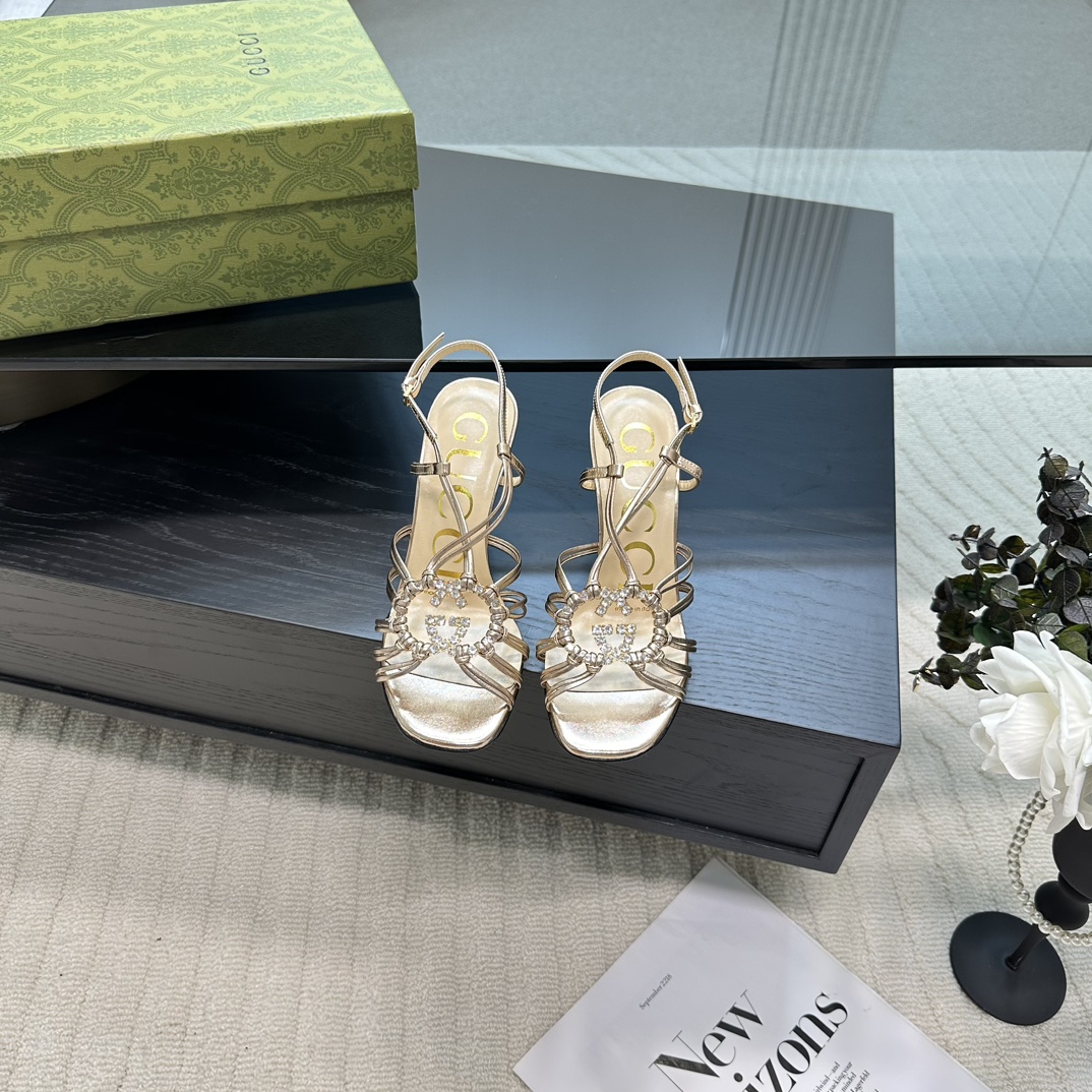 GUCCI 25S Nouveautés Printemps-Été Chaussures à talon en bambou Sandales à bride arrière Talons hauts Cuir verni importé + doublure en agneau