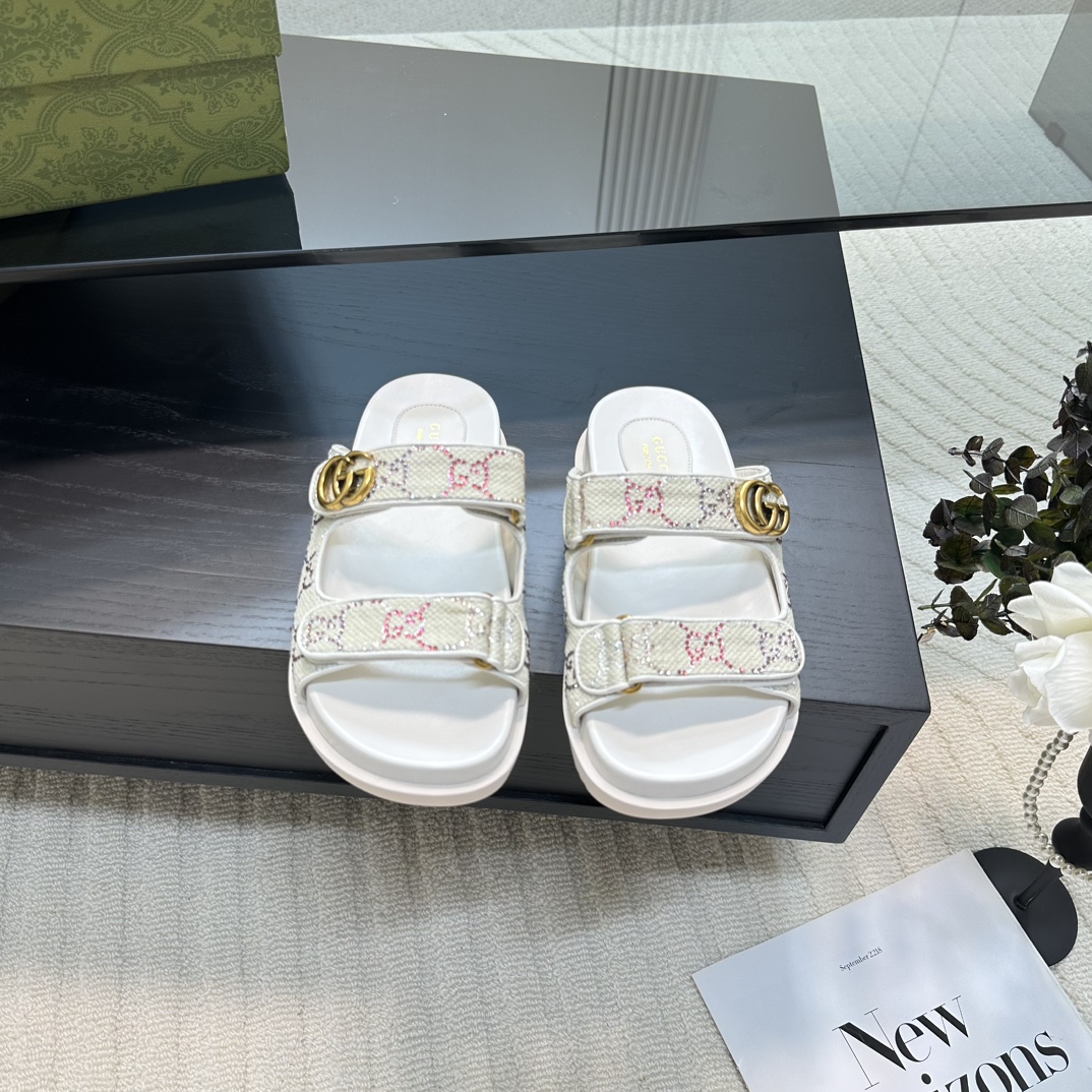 GUCCI 2024 ранняя вясна GG класічны манаграм пляжныя сандалі двойчы G металічная зашпілька 2.0CM тоўстая падэшва імпартная гумавая падэшва