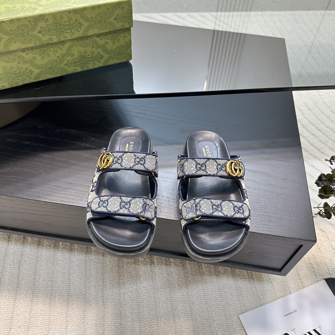 GUCCI 2024 ранняя вясна GG класічны манаграм пляжныя сандалі двойчы G металічная пражка 2.0CM тоўстая падэшва імпартная гумавая падэшва