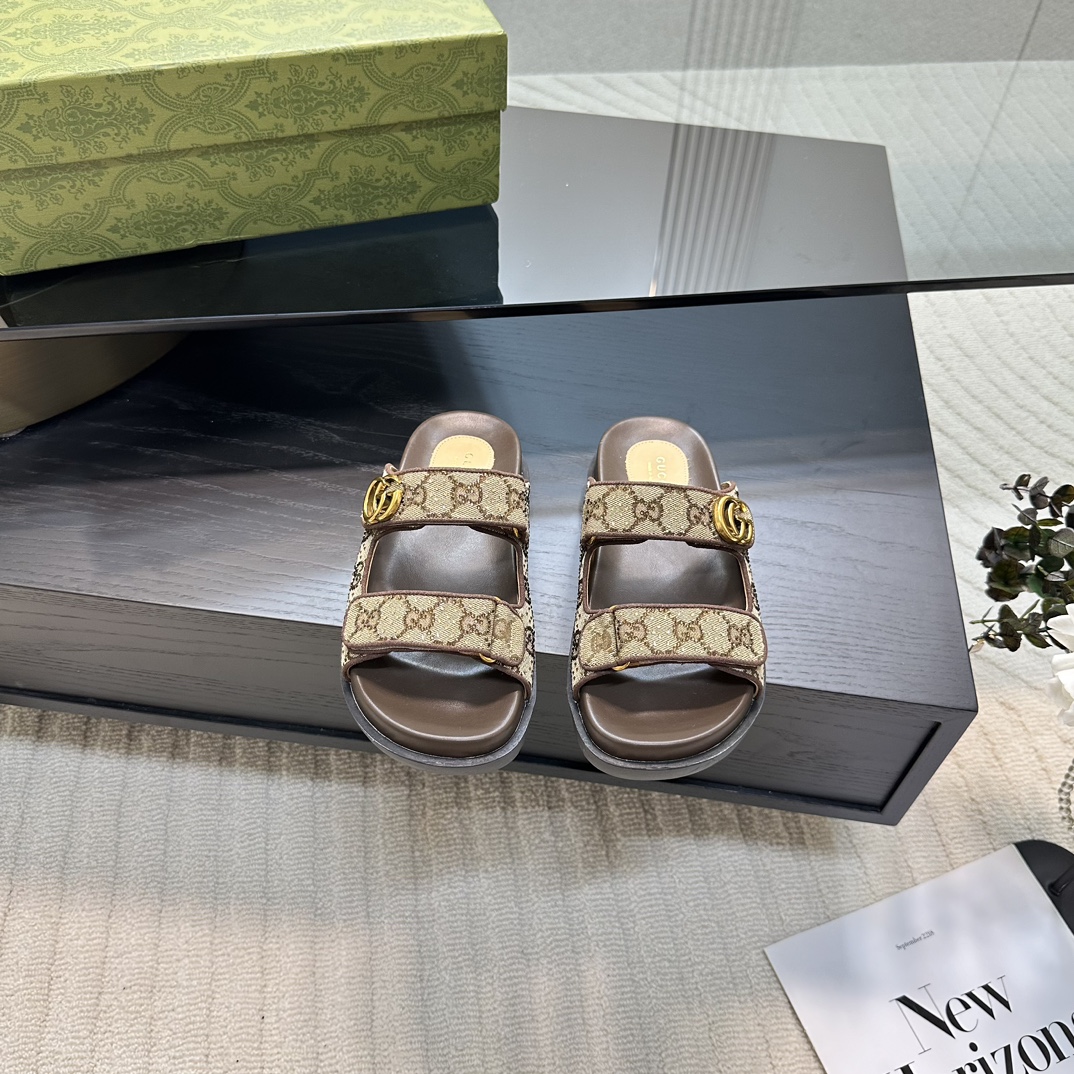 GUCCI 2024 ранняя вясна GG класічны манаграм пляжныя сандалі двойчы G металічная спражка 2.0CM тоўстая падэшва імпартная гумавая падэшва