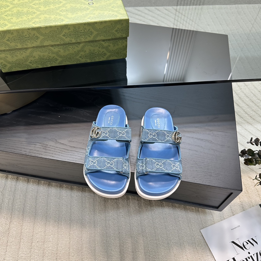 GUCCI 2024 ранняя вясна GG класічны манаграм пляжныя сандалі двойчы G металічная спражка 2.0CM тоўстая падэшва імпартная гумавая падэшва