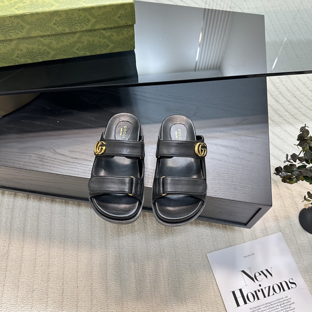 GUCCI 2024 ранняя вясна GG класічны манаграм пляжныя сандалі двойчы G металічная спражка 2.0CM тоўстая падэшва імпартная гумавая падэшва
