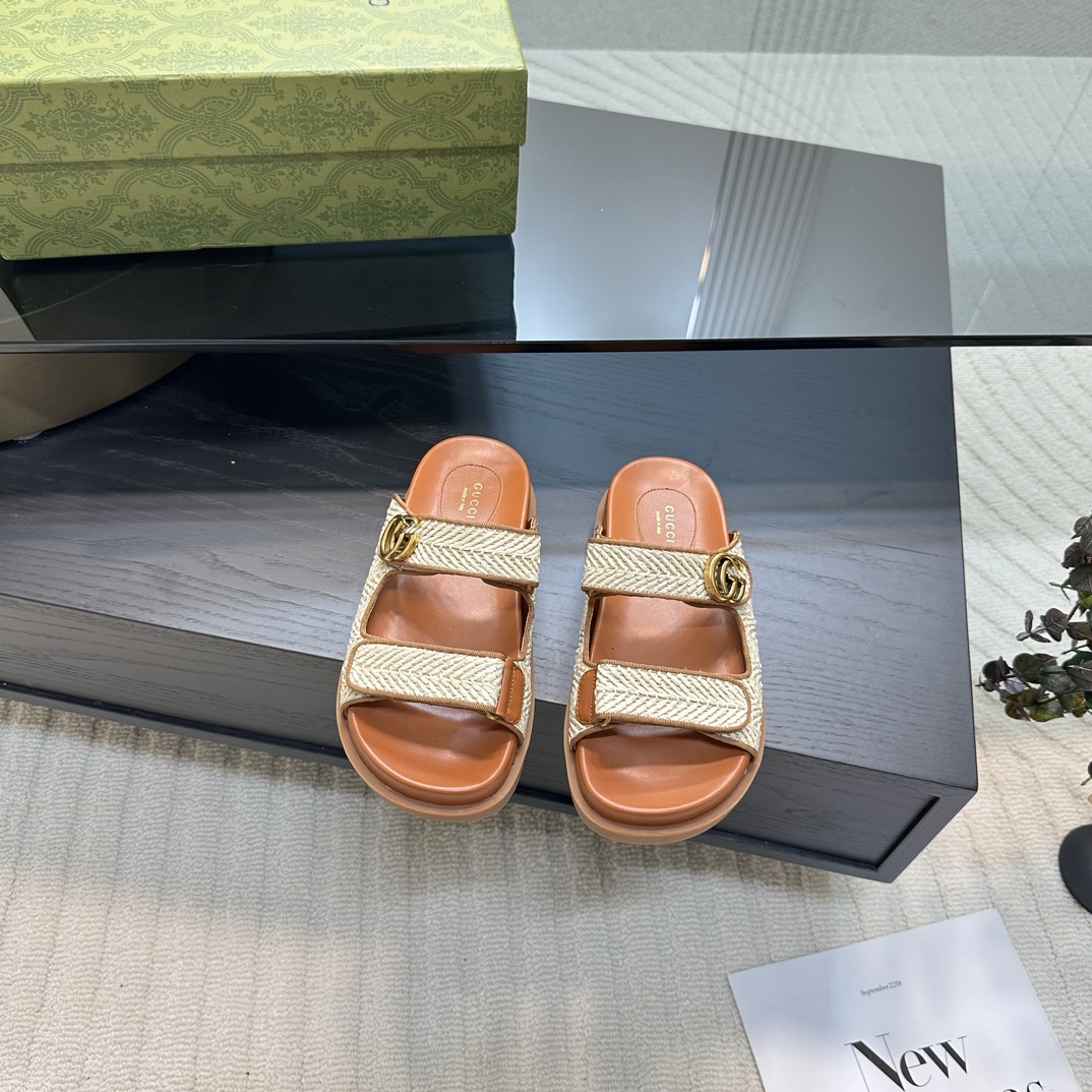GUCCI 2024 ранняя вясна GG класічны манаграм пляжныя сандалі двойчы G металічная спражка 2.0CM тоўстая падэшва імпартная гумавая падэшва