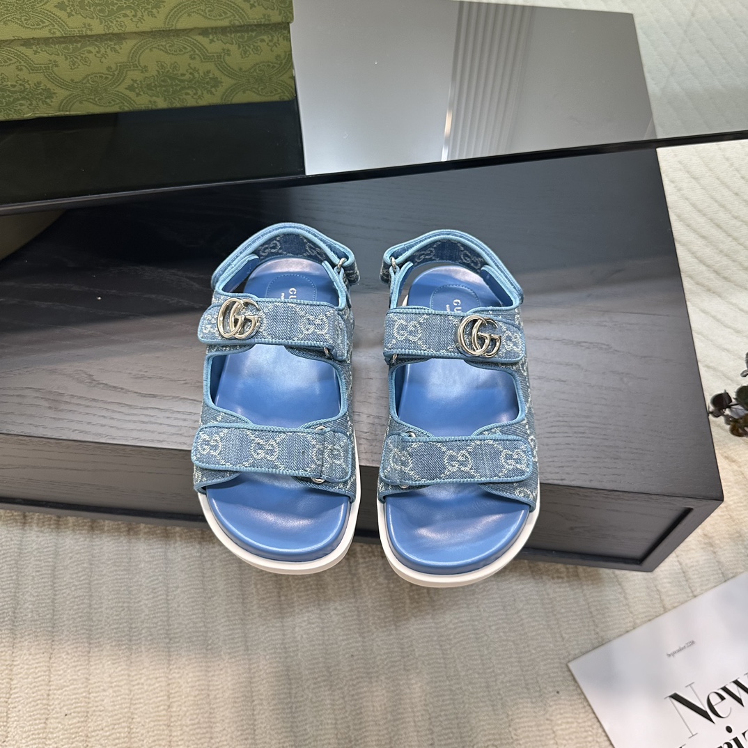 GUCCI 2024 ранняя вясна GG класічны манаграм пляжныя сандалі двойчы G металічная пражка 2.0CM тоўстая падэшва імпартная гумавая падэшва