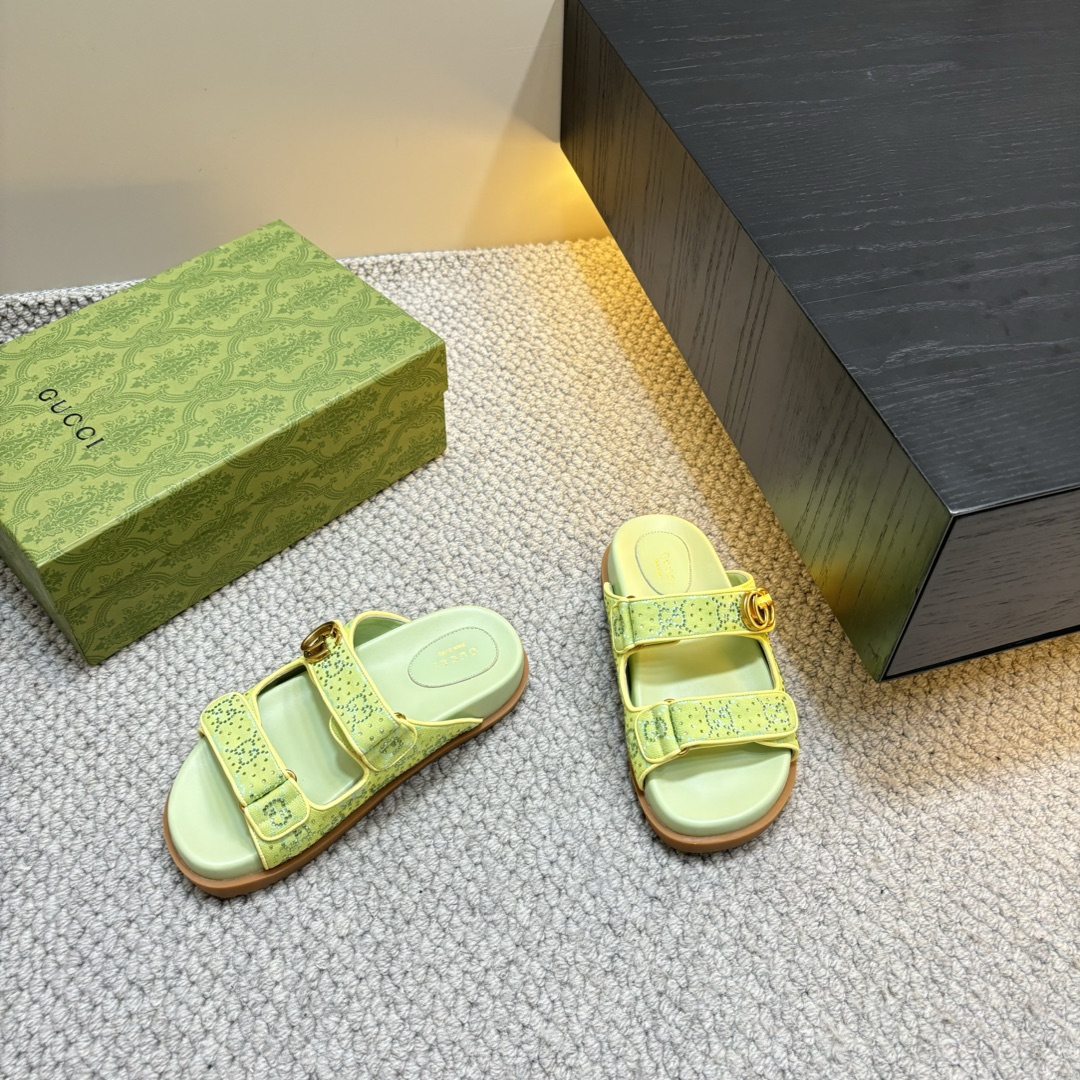 GUCCI 2024 ранняя вясна GG класічны манаграм пляжныя сандалі двойчы G металічная спражка 2.0CM тоўстая падэшва імпартная гумавая падэшва