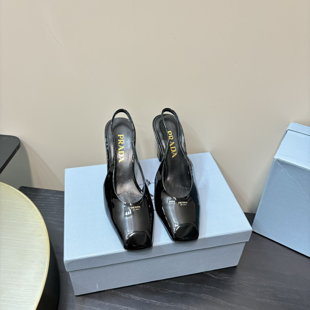 PRADA Square Toe Chunky Heel Slingback Patent Leather Sandals