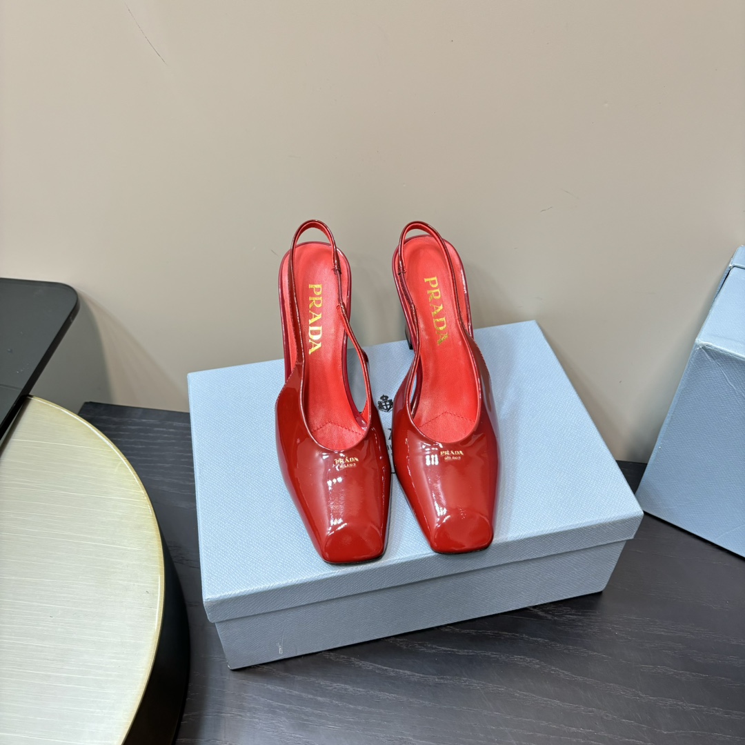 PRADA Square Toe Block Heel Patent Leather Slingback Sandals
