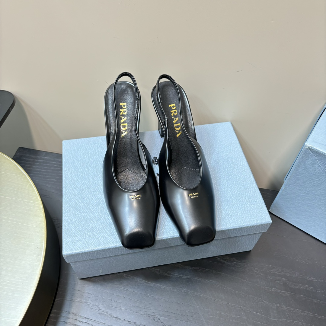 PRADA Square Toe Chunky Heel Slingback Patent Leather Sandals