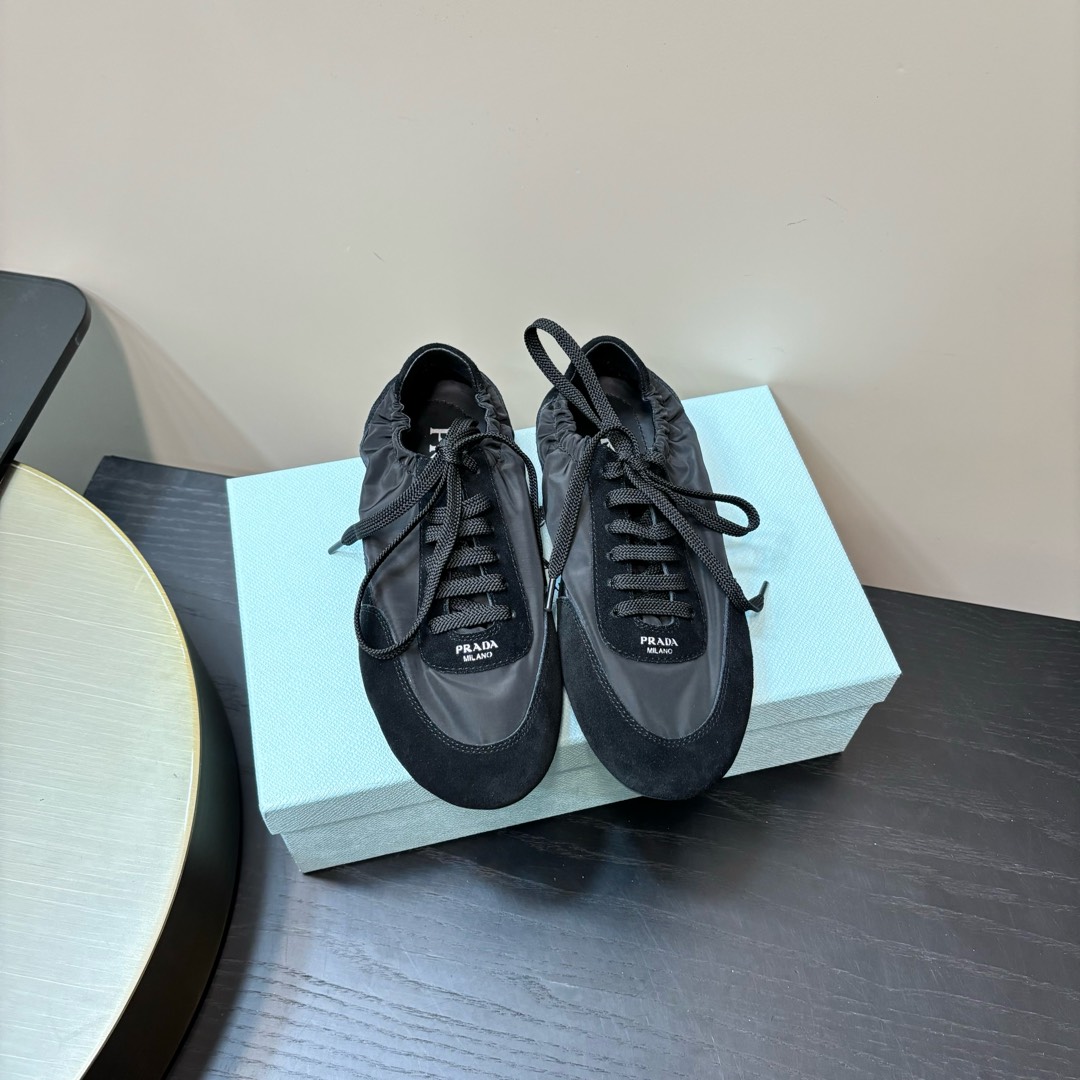PRADA Casual Shoes Black Fabric Lace-Up Low-Top