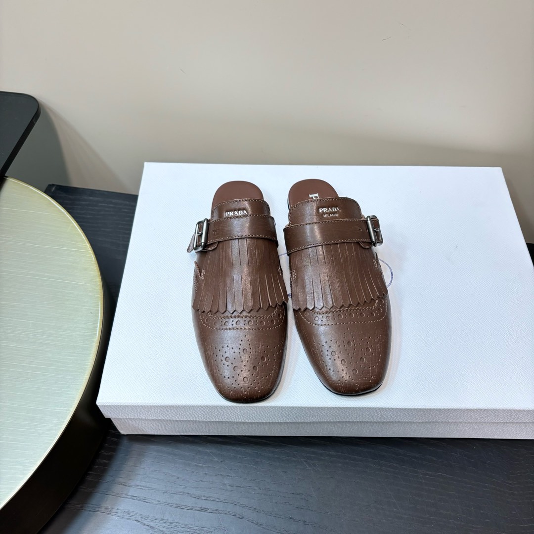 PRADA 半拖 牛皮 流苏 棕色