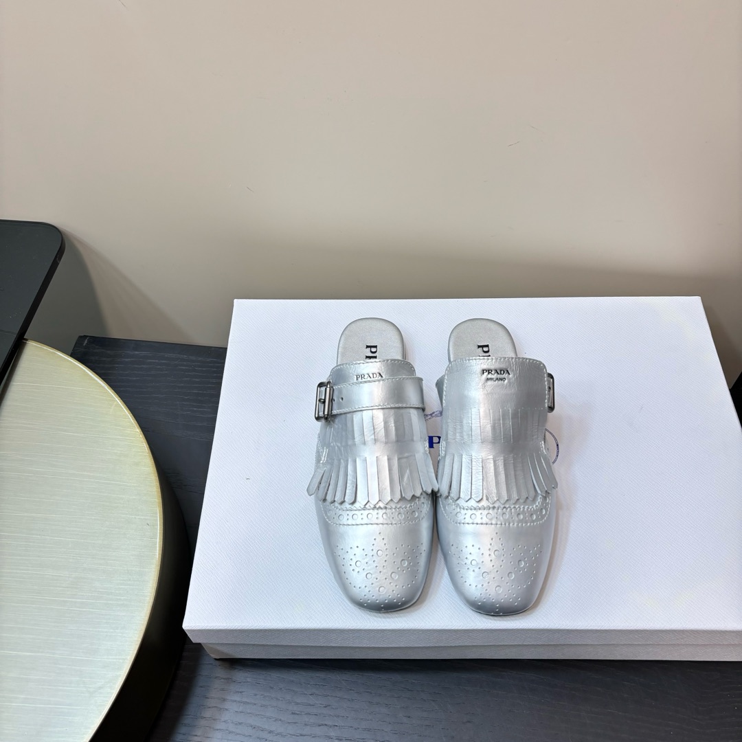 PRADA 半拖 牛皮 流蘇 銀色