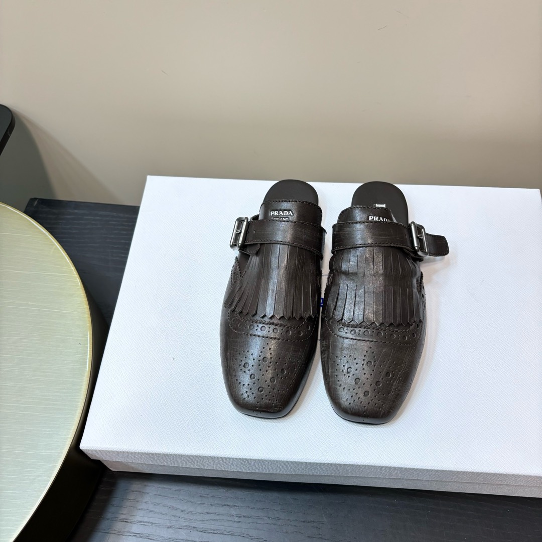PRADA 半拖 流蘇 牛皮 棕色