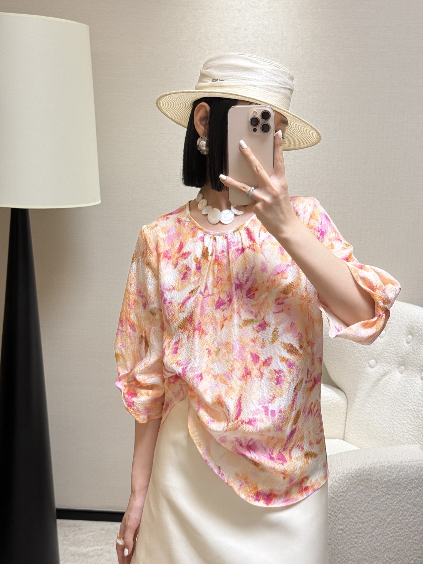 Elegant Silk Blend Blouse with Floral Print and Gathered Sleeves