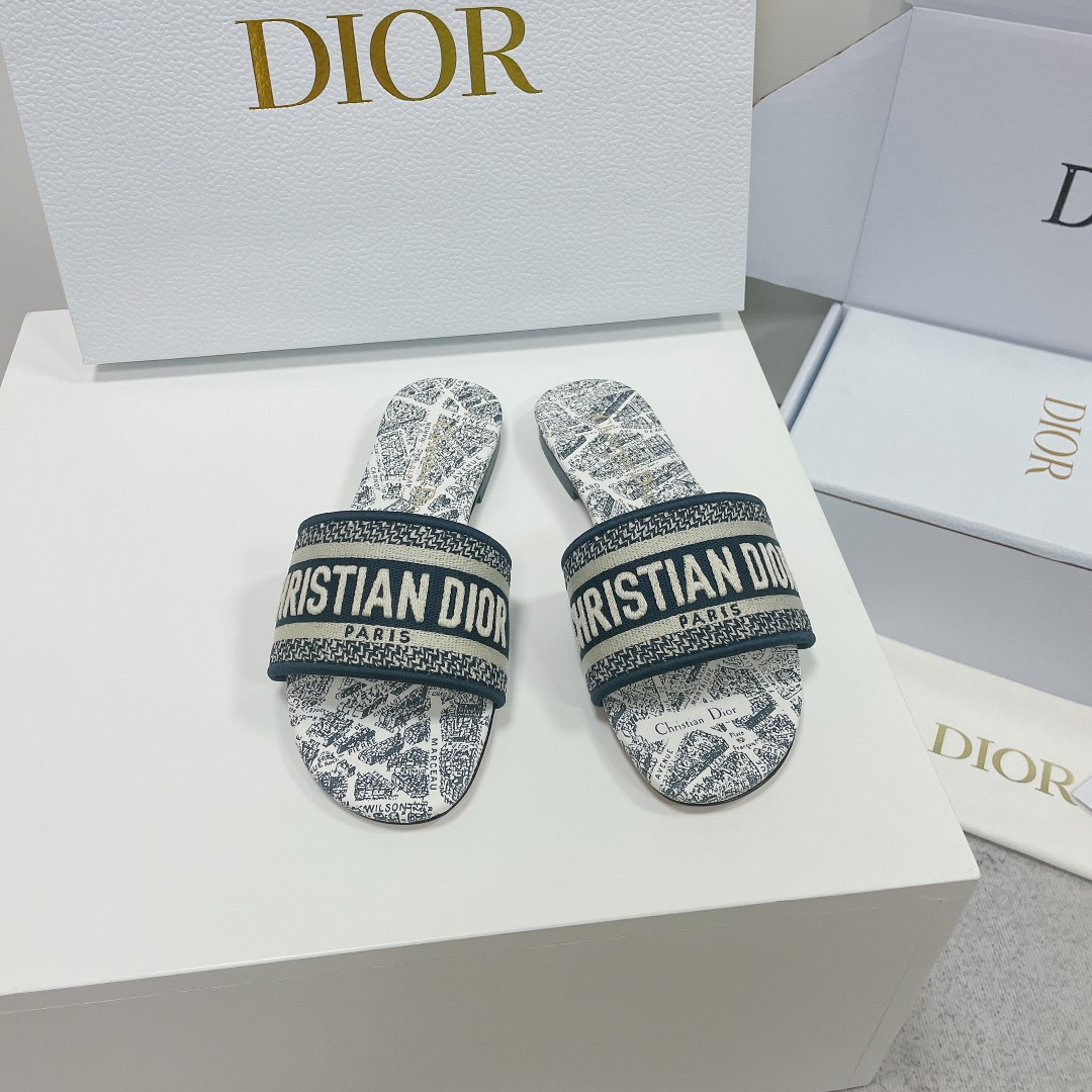 Dior Shoes Slippers Embroidery Cotton Genuine Leather Fashion