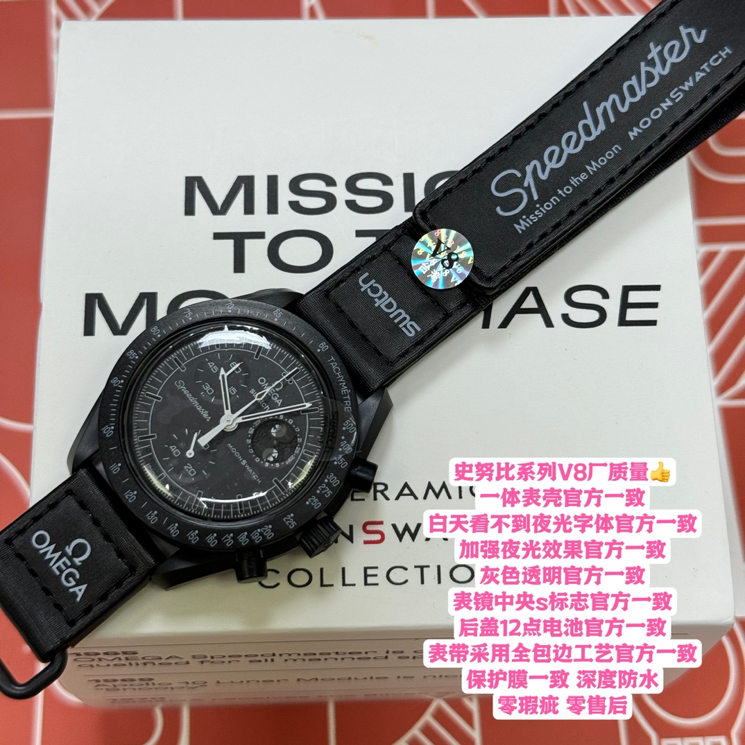 💰180💰
史努比系列。v8厂质量👍SWATCH斯沃琪x欧米茄联名款Fullmoon满月。石英机芯Snoopy史努比、月相底盘男表瑞表42mm 黑色表盘生物陶瓷表壳尼龙表带。
史努比系列V8厂质量杠杠
一体表壳官方一致
白天看不到夜光字体官方一致
加强夜光效果官方一致
灰色透明官方一致
表镜中央s标志官方一致
后盖12点电池官方一致
表带采用全包边工艺官方一致
保护膜一致 深度防水
零瑕疵 零售后。