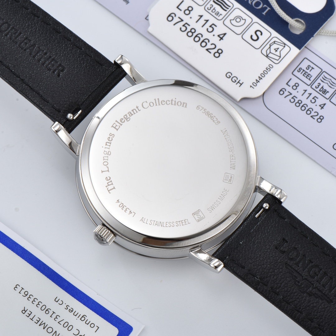 Longines Conquest Classic silver case, silver bezel, black dial, black leather strap 39mm Men's Automatic