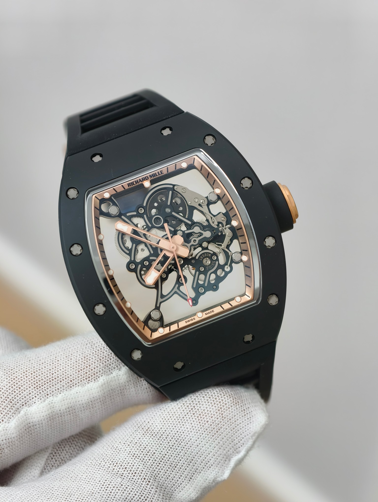 NO:859441,Richard RM black ceramic, original data molding, CNC customized case, front and rear ceramic, middle carbon fiber, detailed matching, equipped with Vaucher movement, card-free weight balance wheel, natural rubber black strap, black ceramic titanium buckle,19860909理查德RM黑陶瓷 原装数据开模CNC定制壳套 前后陶瓷 中置碳纤维 细节对版 搭载vaucher机芯 无卡度砝码摆轮 天然橡胶黑色表带 黑陶瓷钛表扣,,Watch