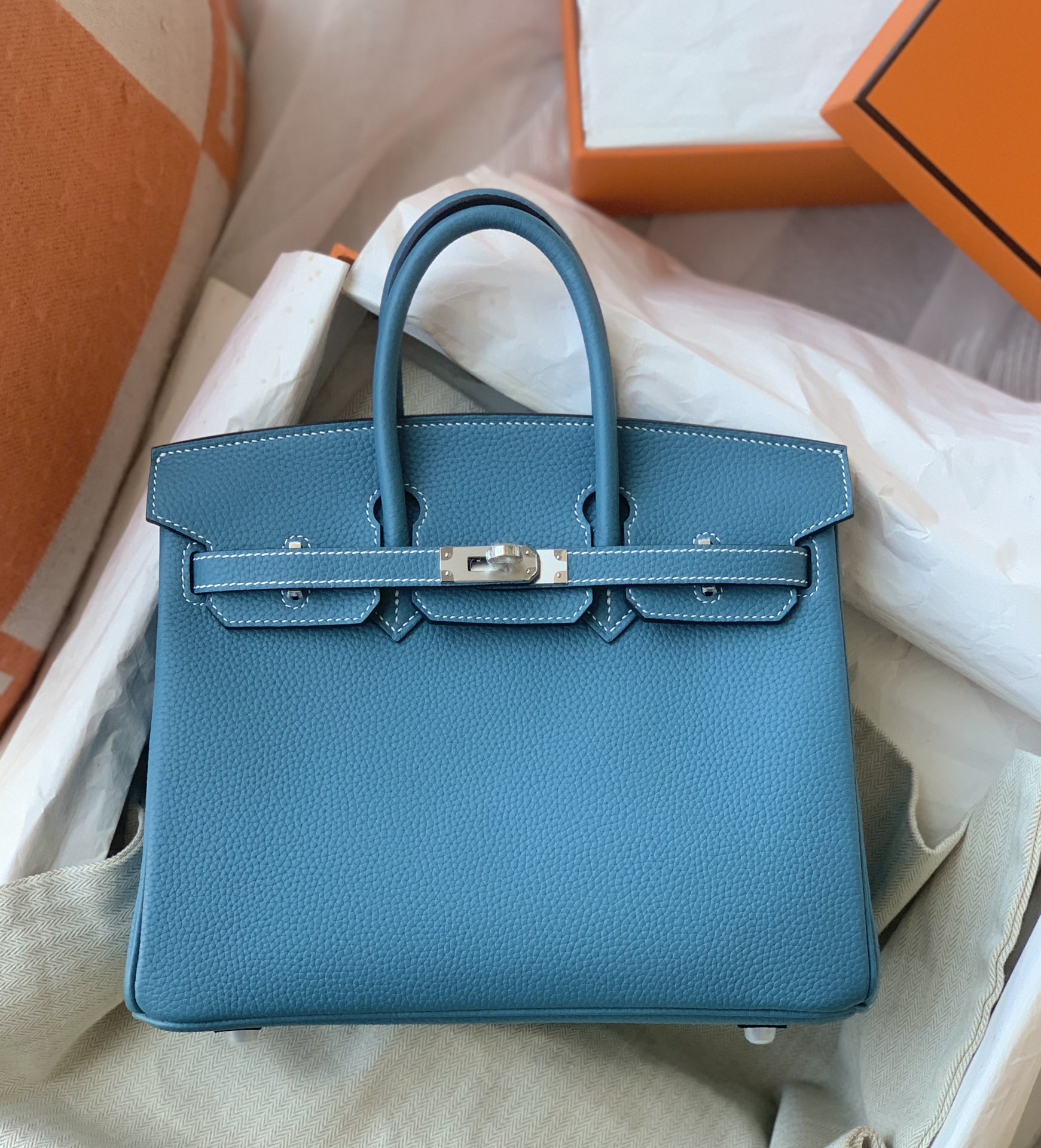 Hermes Birkin Sacos Bolsas Azul Denim Hardware Prata