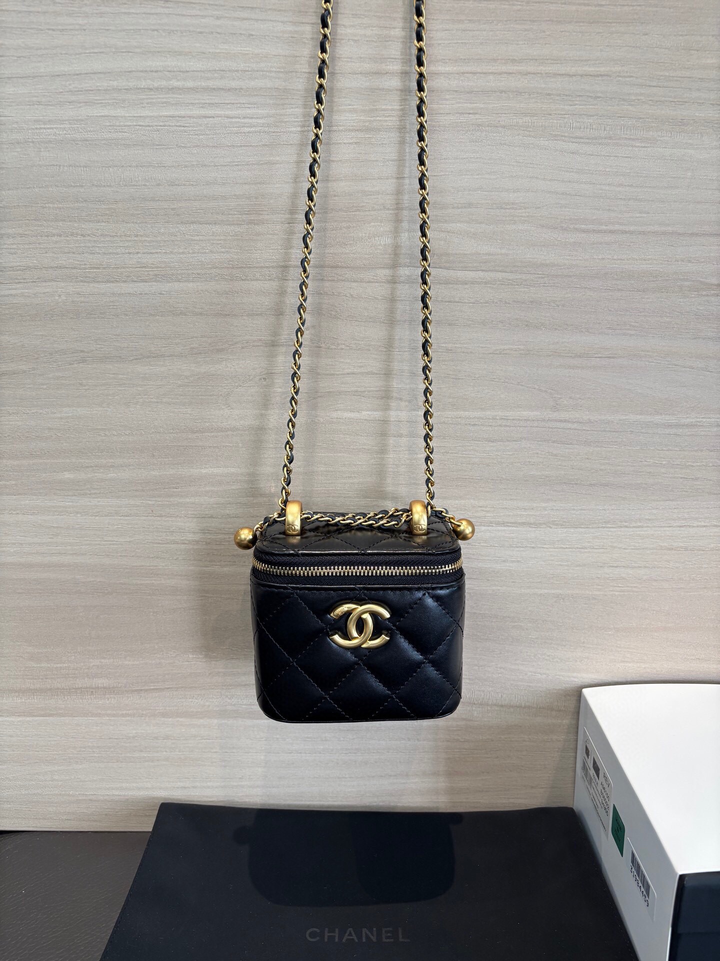 Chanel Quilted Leather Vanity Bag with Chain Strap - Black