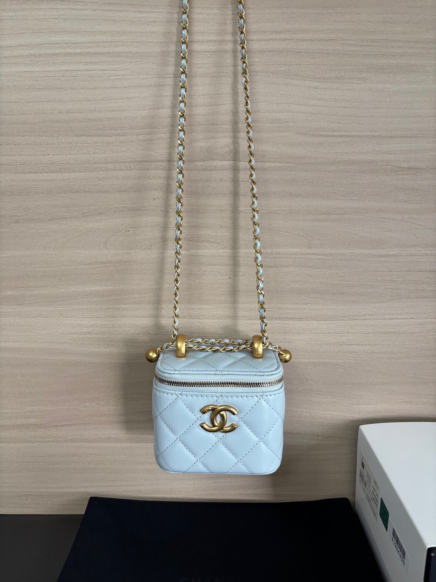 Chanel Quilted Leather Vanity Bag with Chain Strap - Light Blue