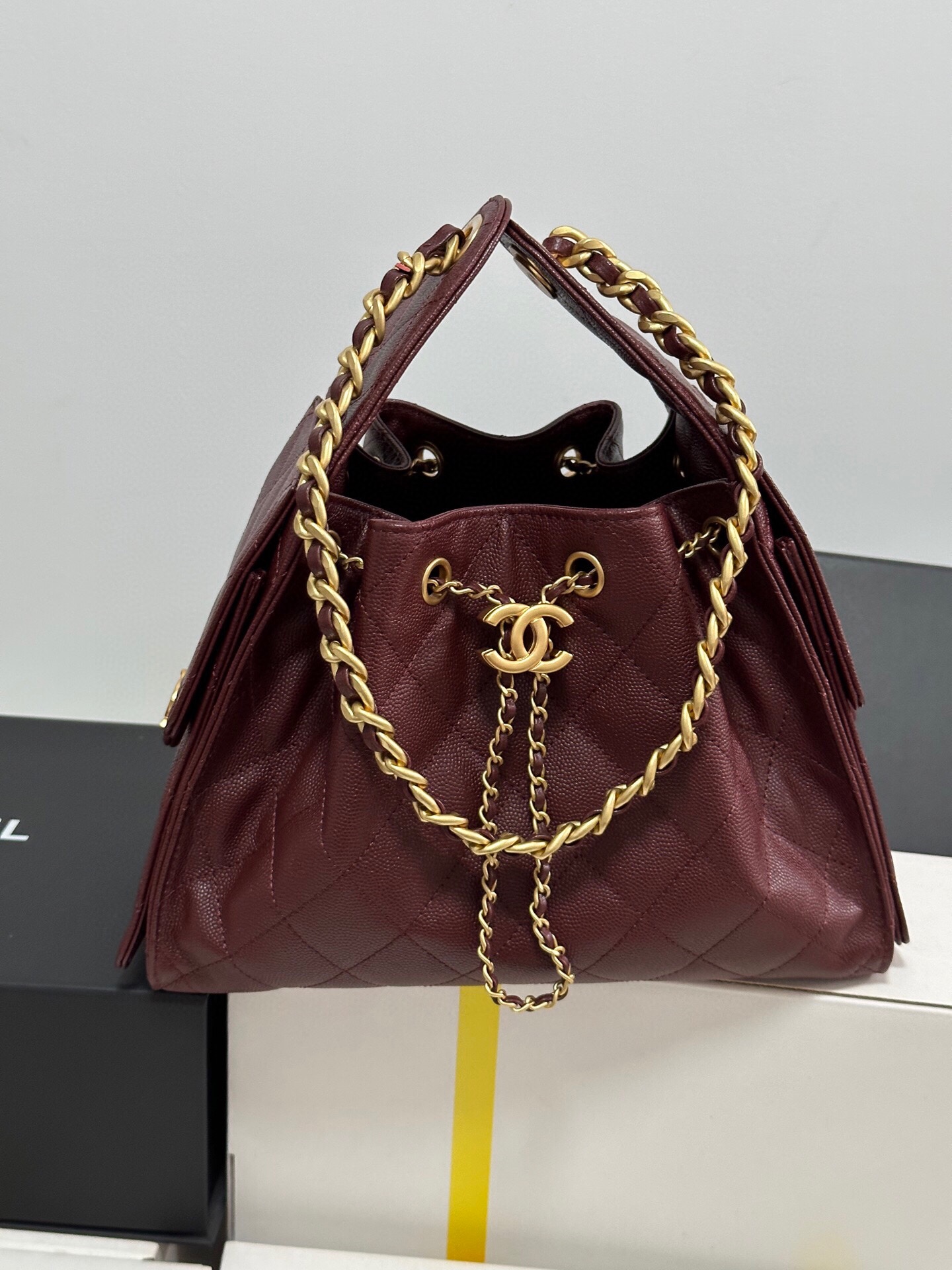 Chanel Burgundy Quilted Leather Drawstring Bucket Bag with Chain Straps